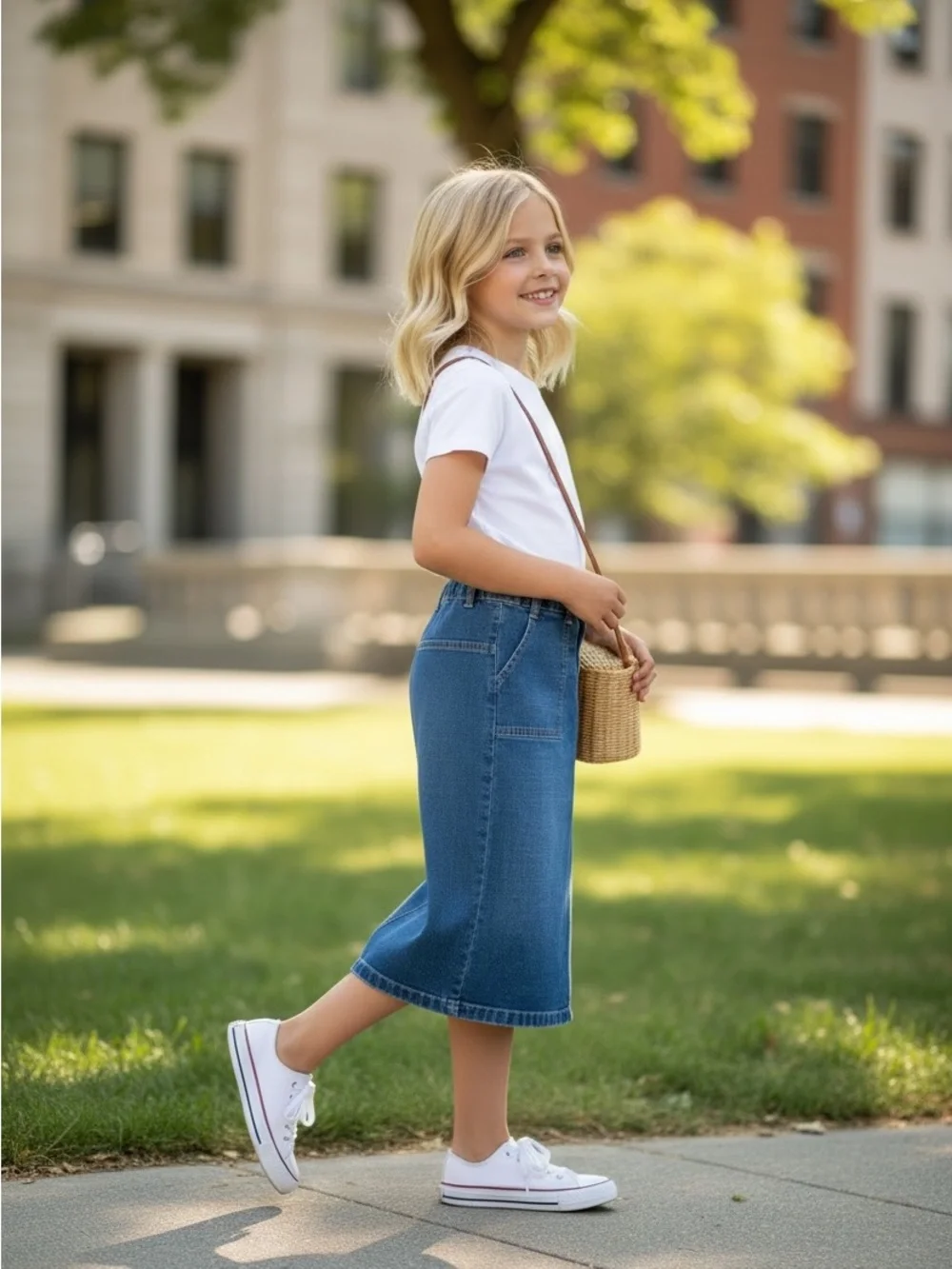 Old Navy Girls 7 Denim Midi Skirt Utility Pocket Blue Jean Y2K